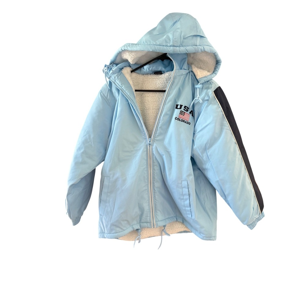 USA Colorado Sherpa Lined Hooded Jacket Light Blue Zip Up Windbreaker Womens 2XL